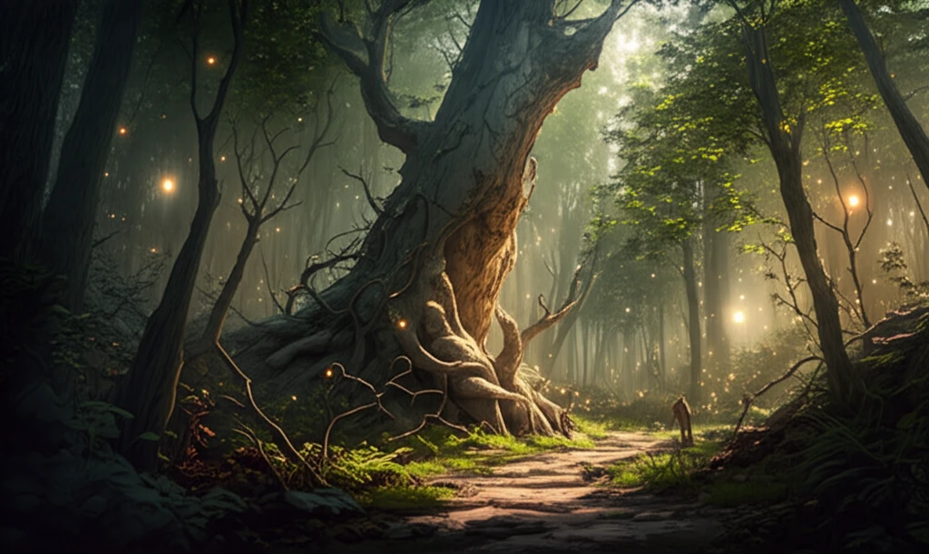 Surreal illustration of a dwindling forest with interconnected, glowing roots, symbolizing sustainable resource management and the Allee effect.