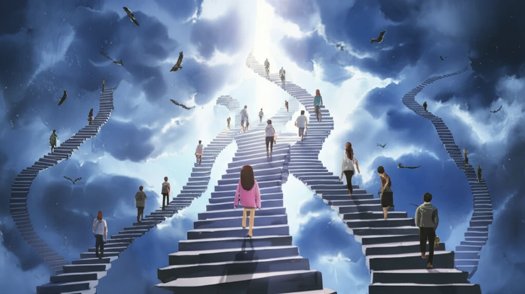 Personalized staircases leading to individualized skies, representing dynamic treatment effects.