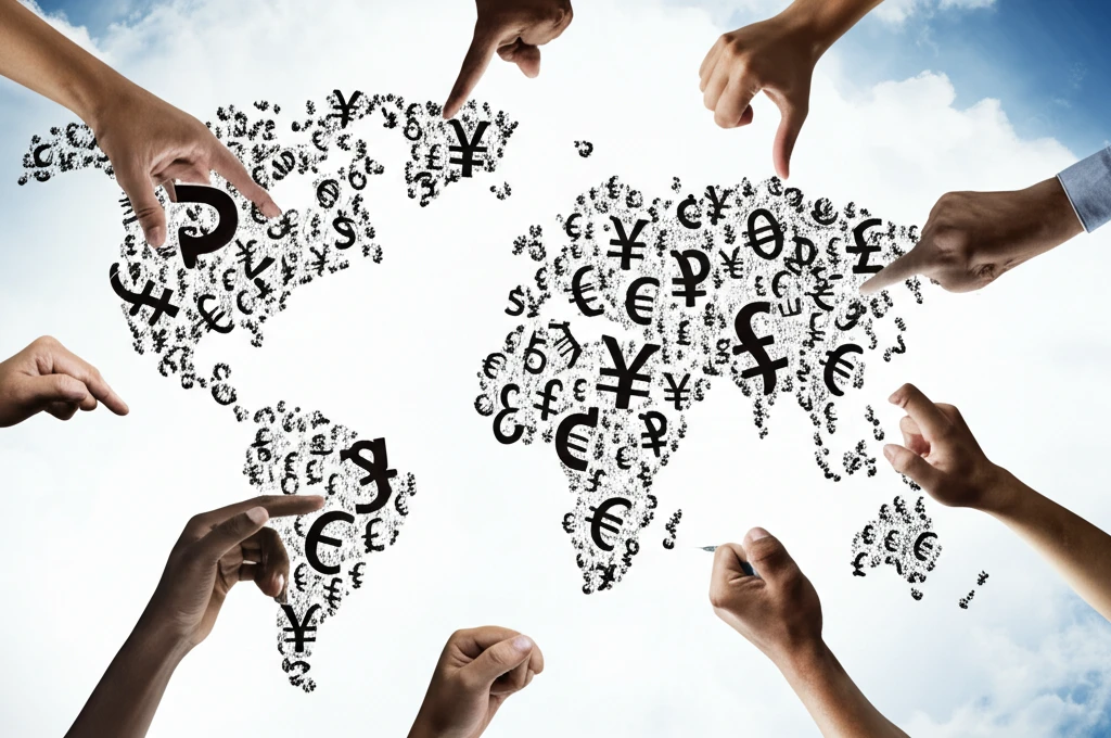 A fractured world map made of economic symbols, being pieced back together.