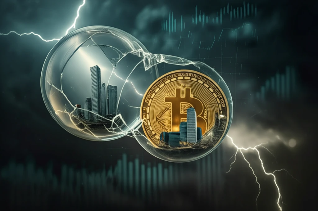 Fragile glass bubble containing cityscape and crypto with financial chart cracks.