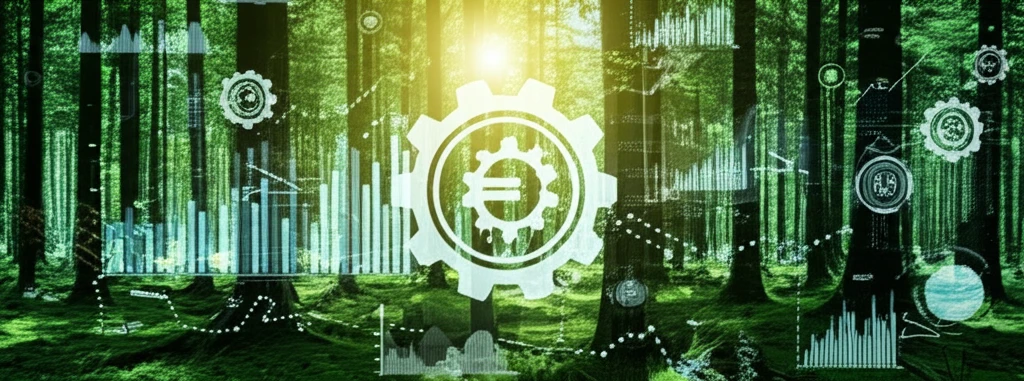 Green forest intertwined with financial charts, representing sustainable finance.