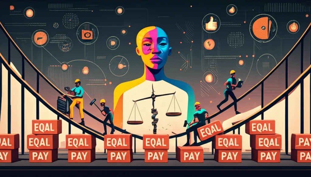 Diverse workers building a bridge of equal pay, symbolizing solutions to the gender pay gap.