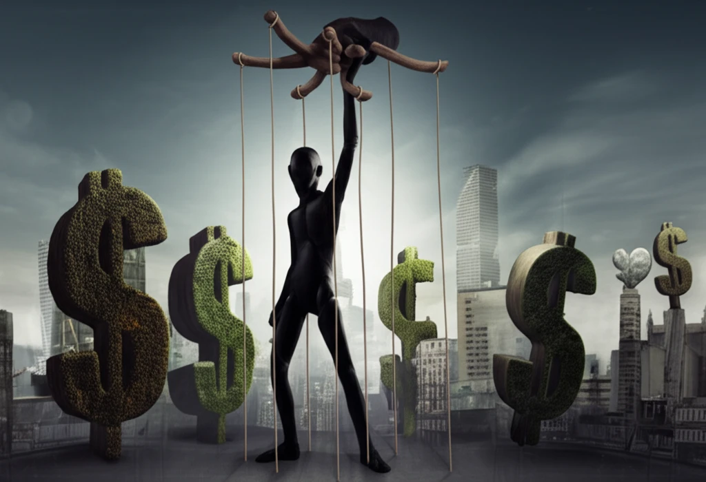 A puppet controlled by economic forces, illustrating the influence of priming on decisions.