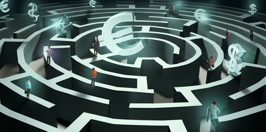 Diverse groups navigate a complex economic maze, symbolizing varied reactions to policy changes.