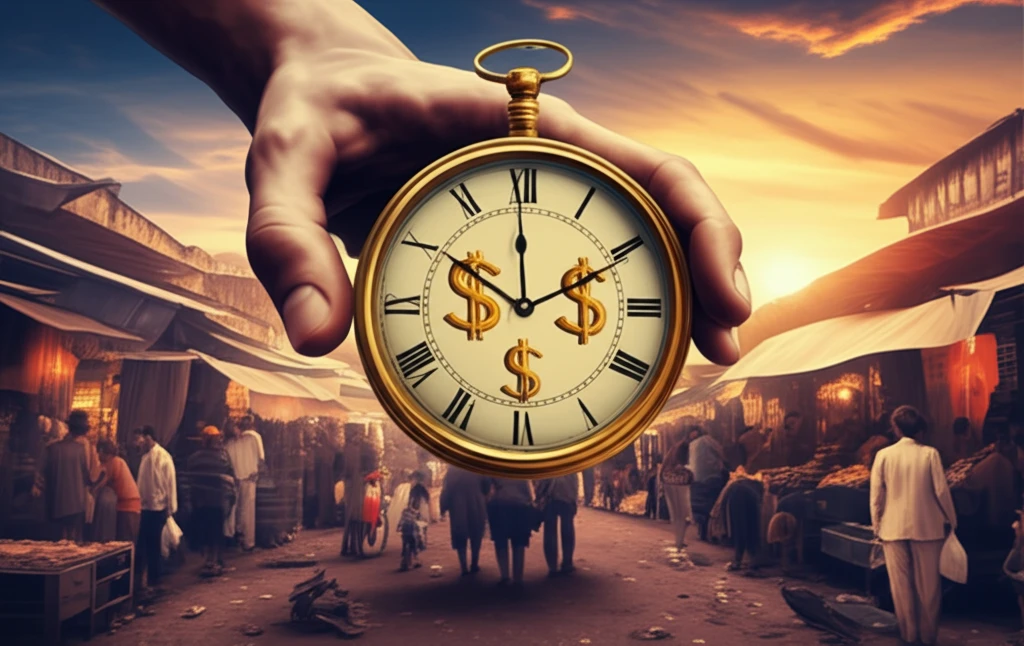 Golden clock over a bustling marketplace, symbolizing optimal selling time.