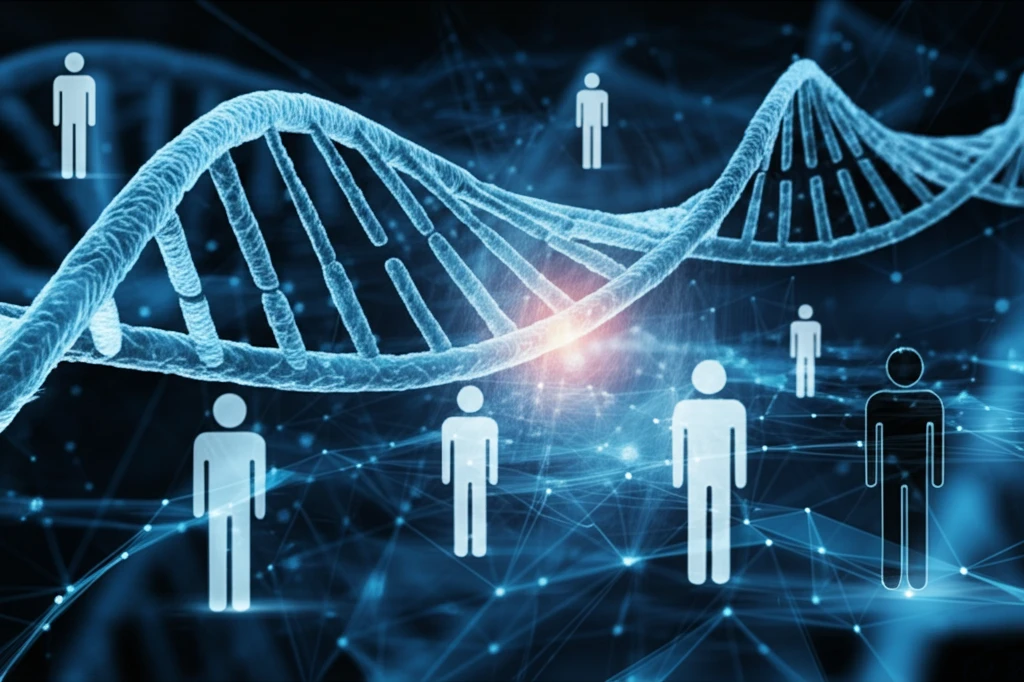 Diverse group of people connected by glowing lines, symbolizing personalized medicine and treatment heterogeneity.