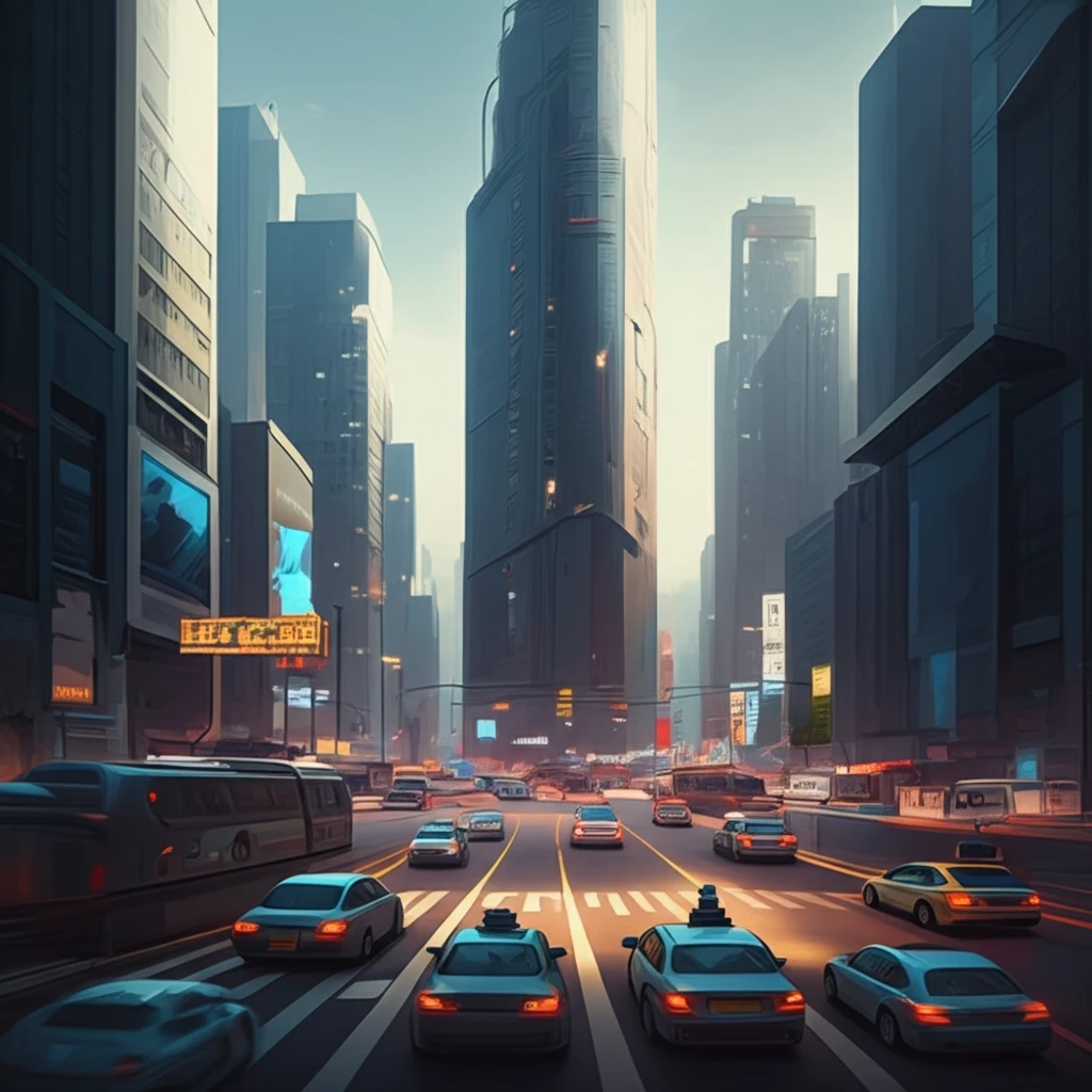 Futuristic Shanghai cityscape with self-driving cars at twilight.