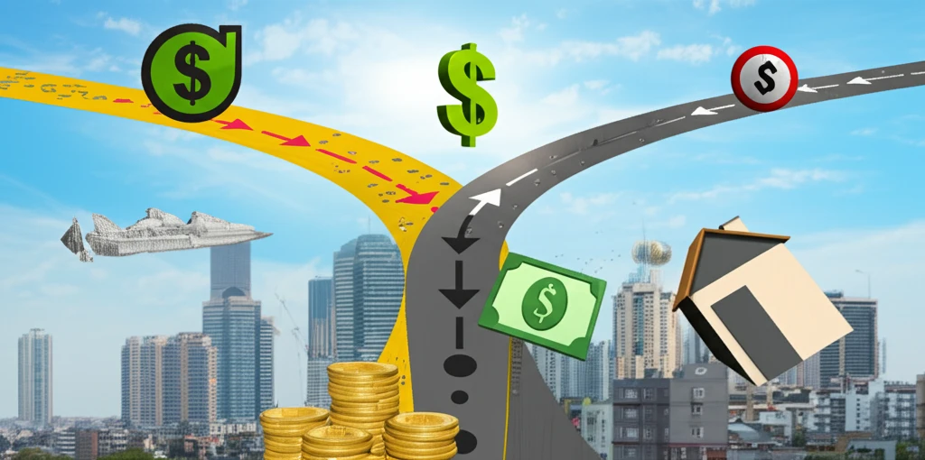 Diverging paths symbolize the widening racial wealth gap.