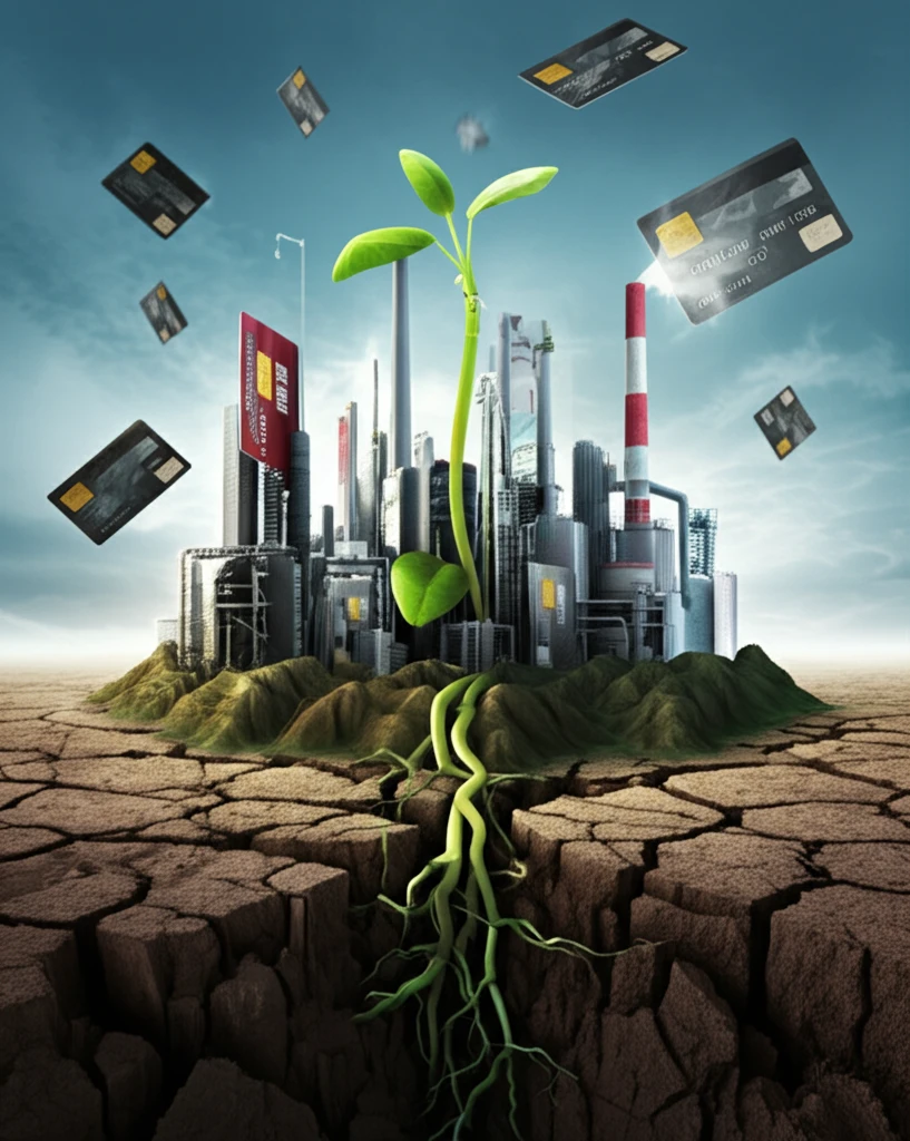 Credit card cityscape with a factory producing green shoots