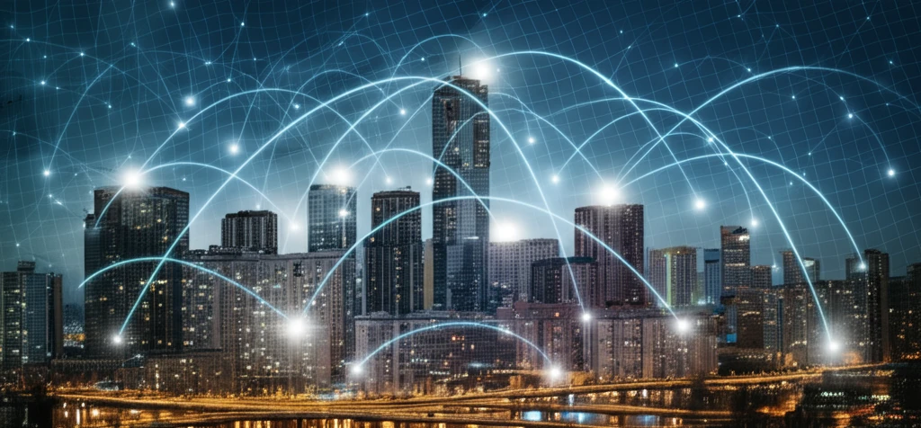 Interconnected buildings symbolize a thriving business cluster.