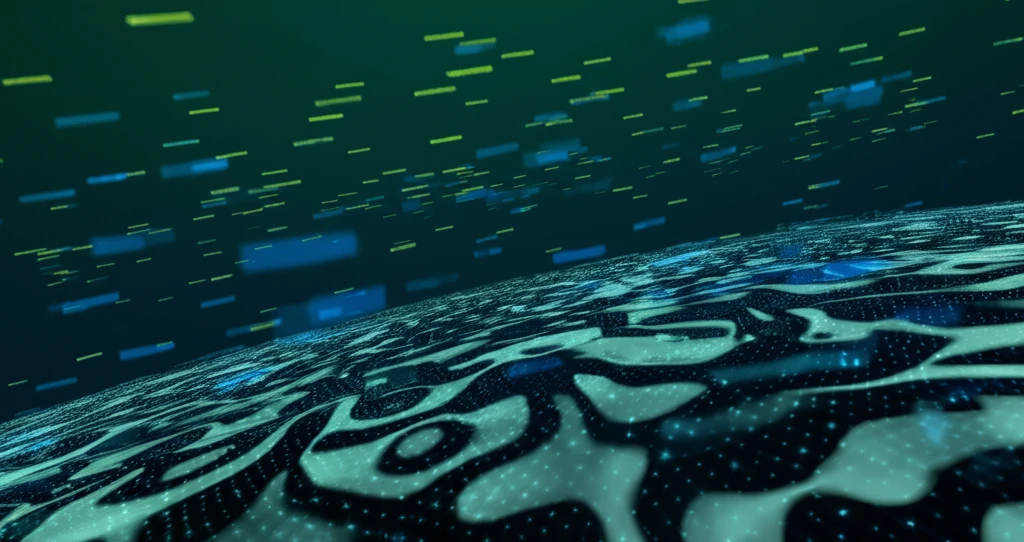 Surreal illustration of a complex stock market network with curvature effects visualizing market fragility.