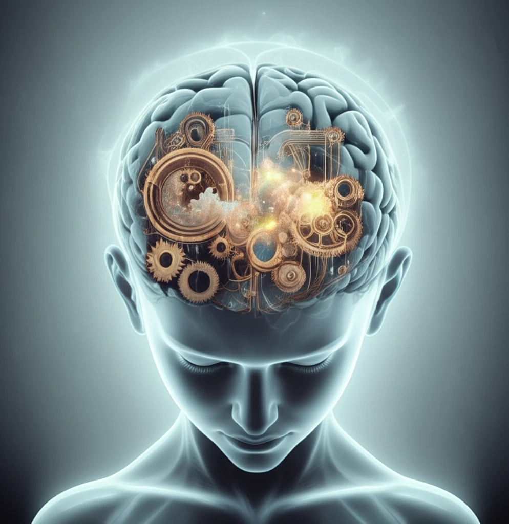 Surreal illustration of interconnected gears within a brain representing mediation analysis.
