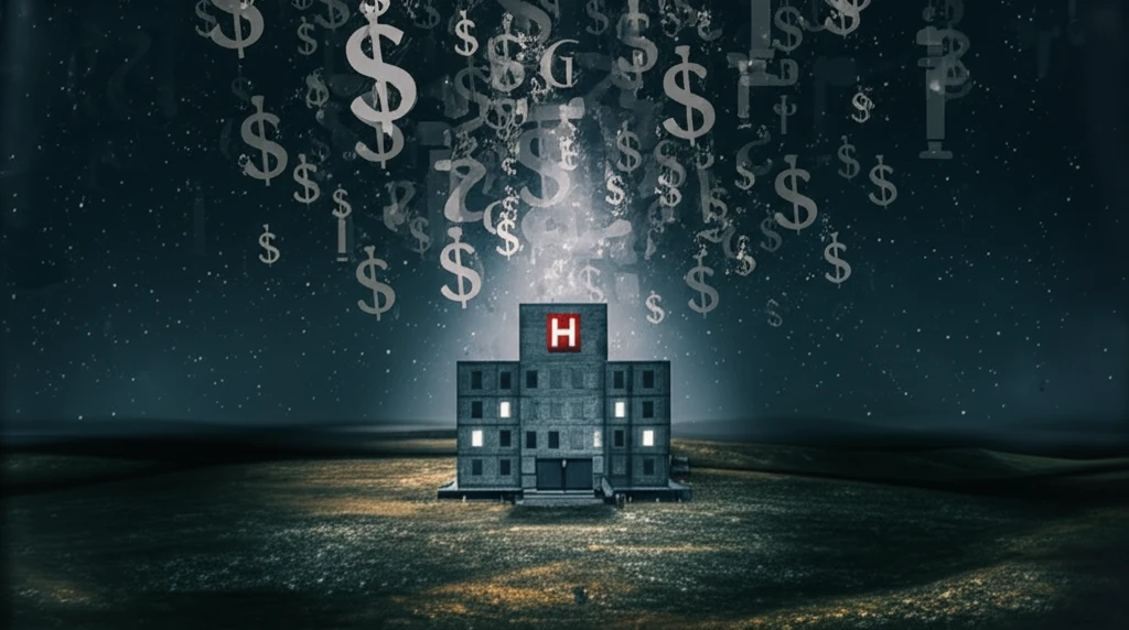 Rural hospital illuminated in a field under a regulatory sky.