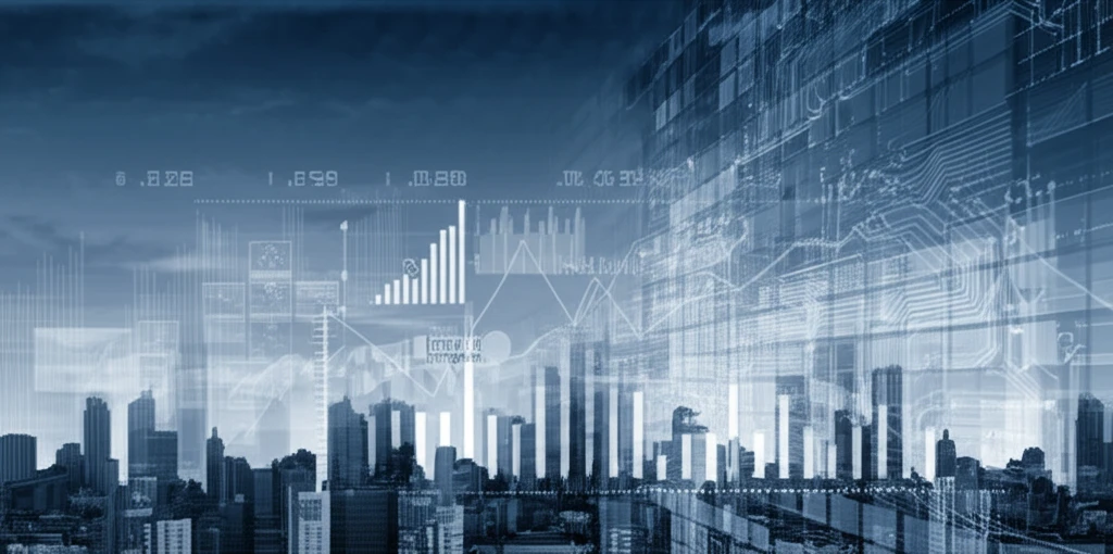 Futuristic cityscape interwoven with stock charts and circuit boards, representing the intersection of technology and finance in stock prediction.
