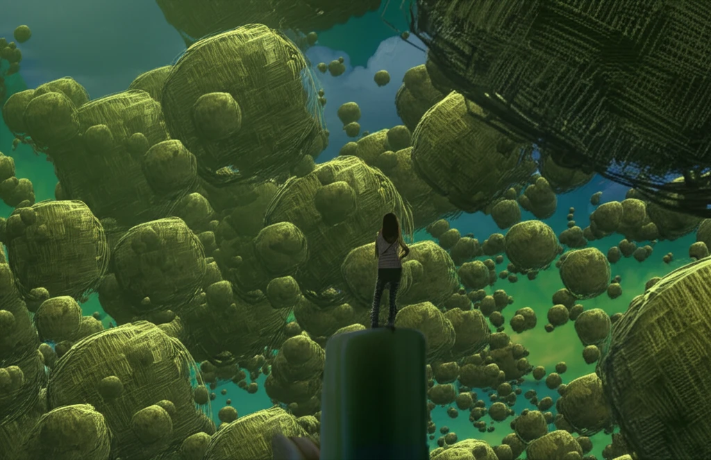 Surreal illustration of consumer behavior in a grocery store.