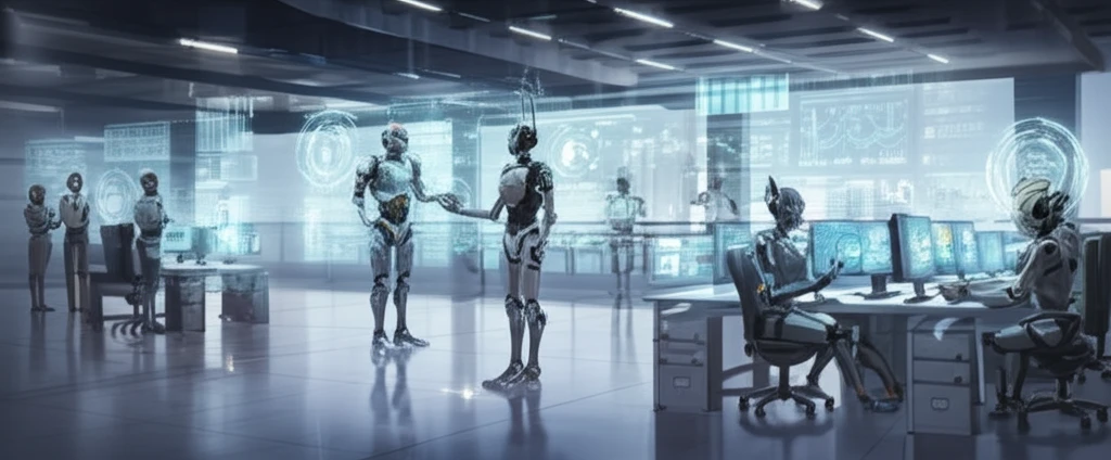 Futuristic customer service center with AI bots assisting human agents