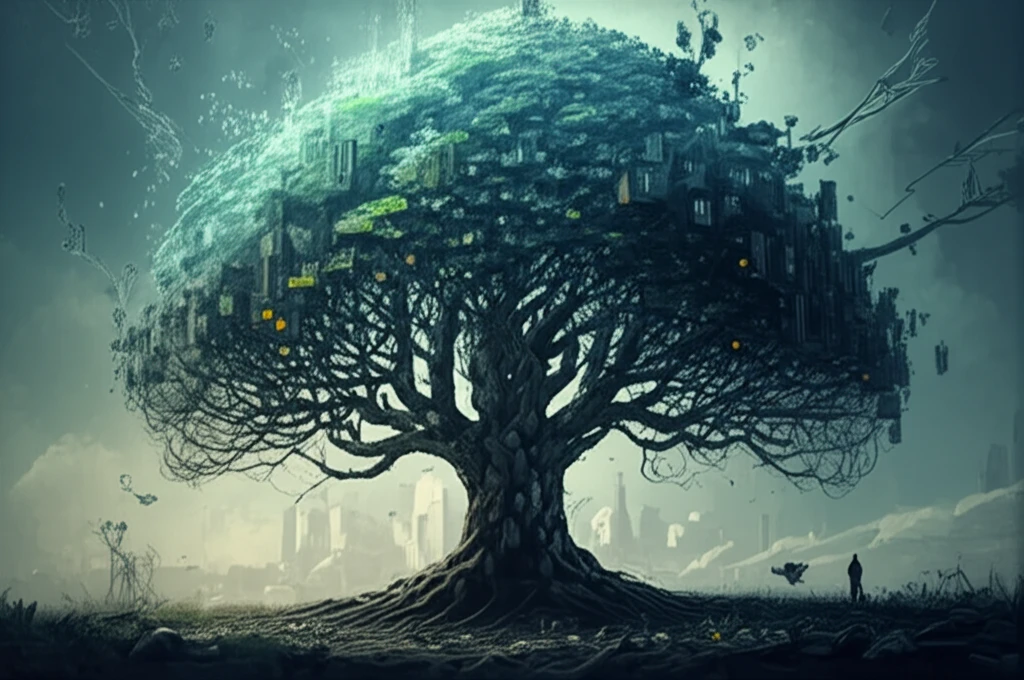 Data matrix transforming into a blooming tree.