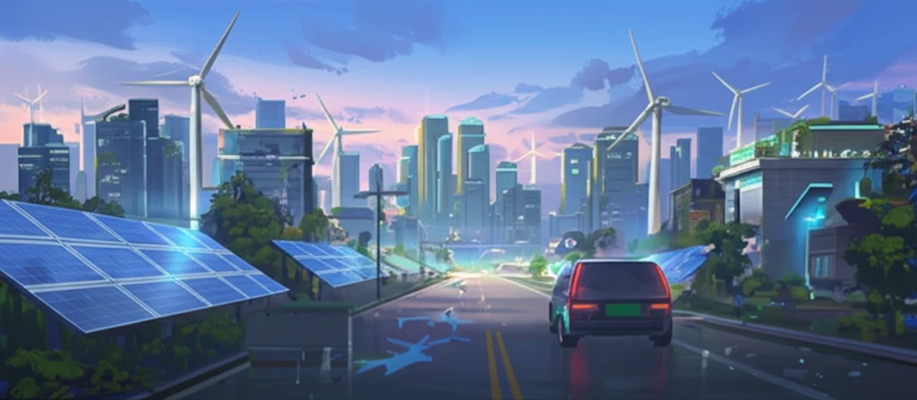 Futuristic Chinese cityscape with integrated electric vehicles, solar panels, and wind turbines, symbolizing a sustainable and technologically advanced future.