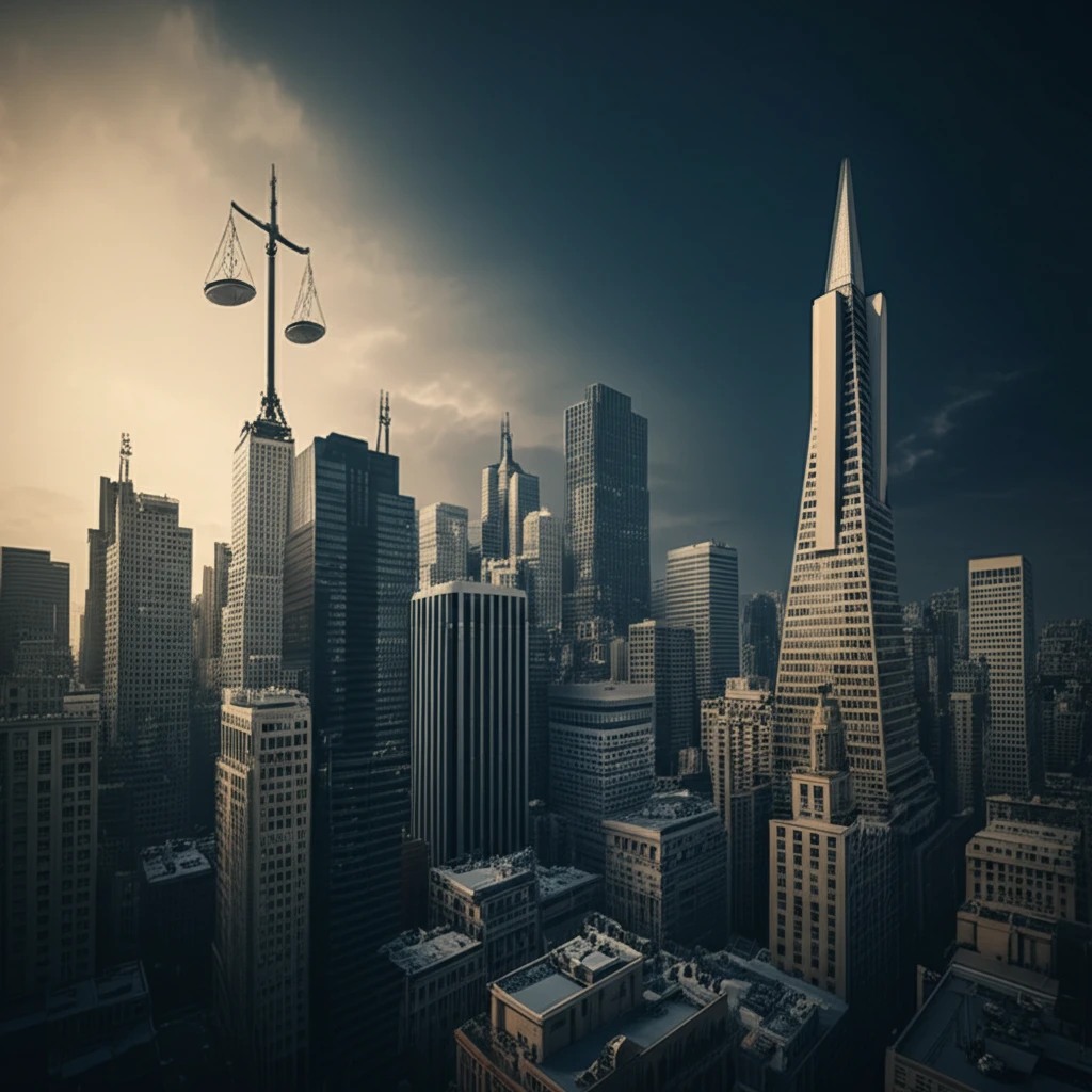 San Francisco skyline with scales of justice, symbolizing the balance between law and social factors.