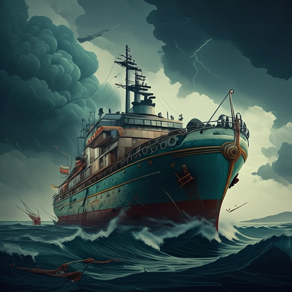 Ship navigating stormy seas, symbolizing forecasting through economic instability.