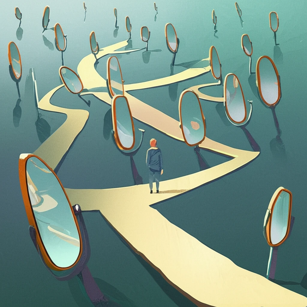 A person standing at a crossroads, with paths distorted by reflections, symbolizing reference dependence.