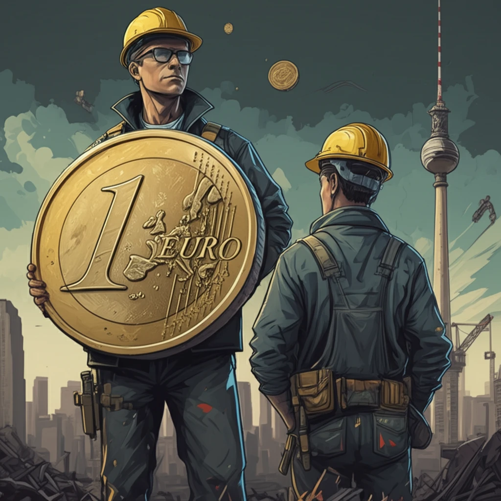 Construction worker holding Euro coin in Berlin