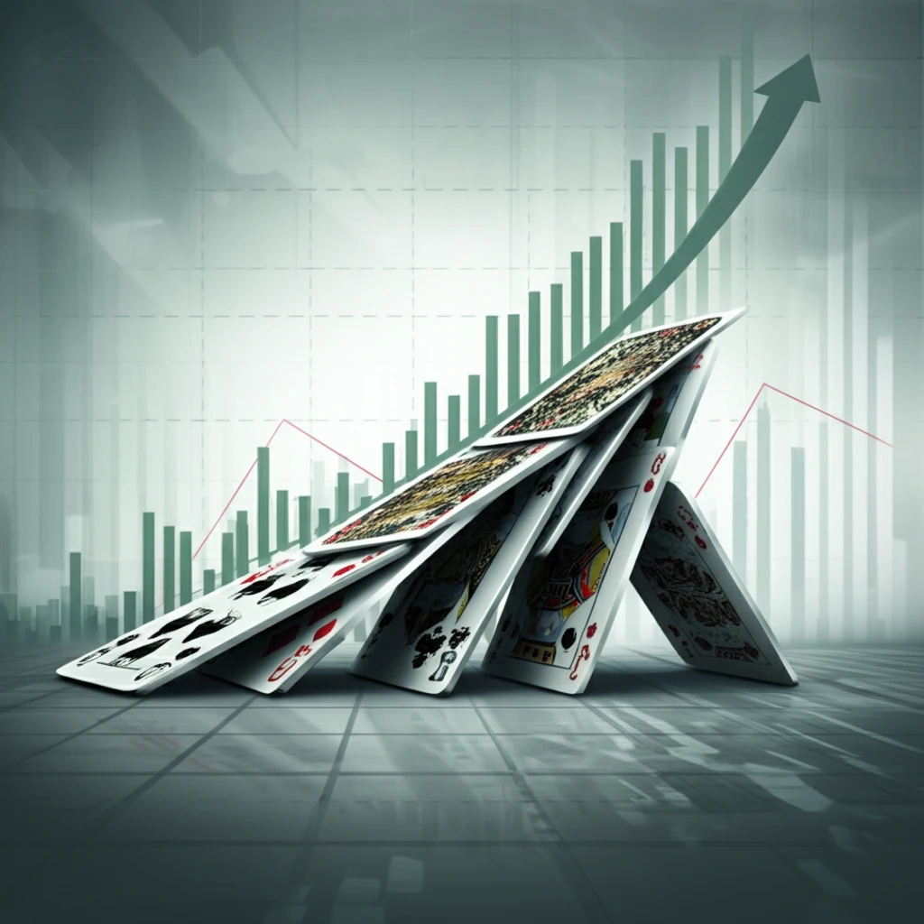 A collapsing house of cards representing the fragility of investment bubbles.