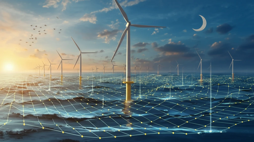 Offshore wind turbines connected to a complex electrical grid, symbolizing offshore energy market design.