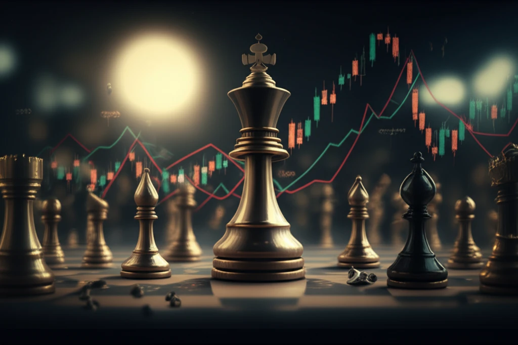 Surreal illustration of chess pieces on a marketplace representing strategic moves in market dynamics.