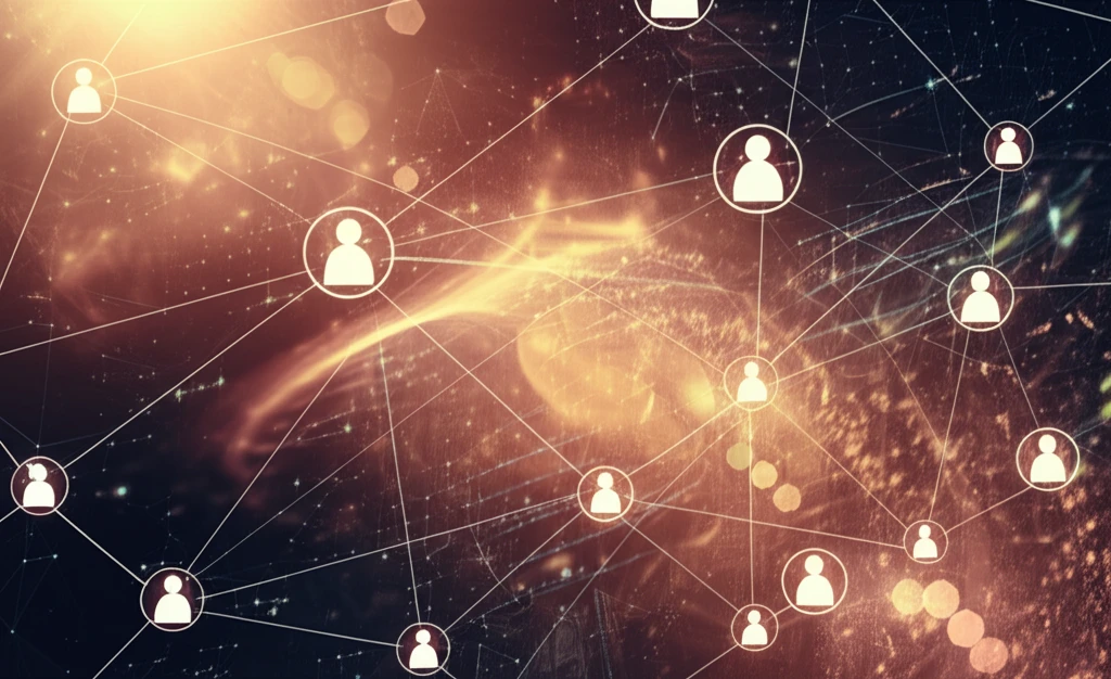 Interconnected nodes in a social network with glowing nodes representing influential individuals against shifting global challenges