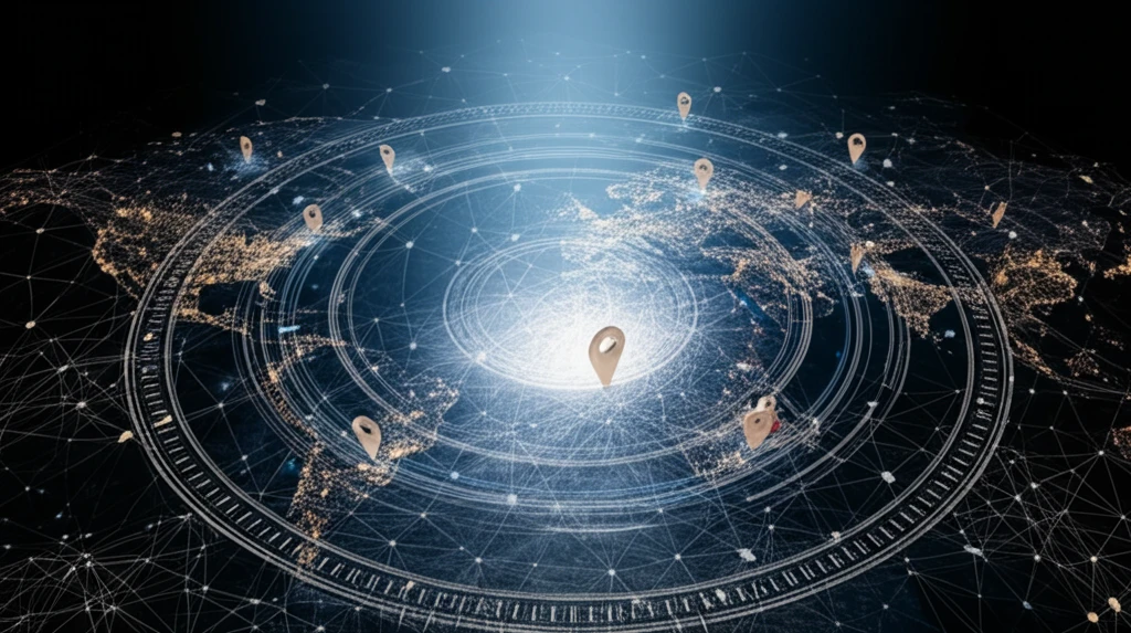 Global network of interconnected cities with a spotlight on strategic site selection, overlaid with a Bayesian network.