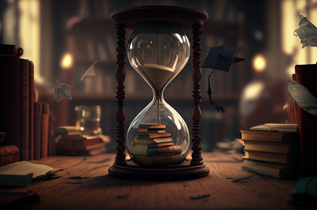 Hourglass with books symbolizing academic careers and time.