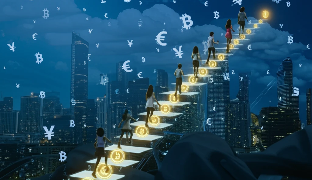 Women climbing digital currency stairs to a vibrant city, symbolizing economic empowerment.