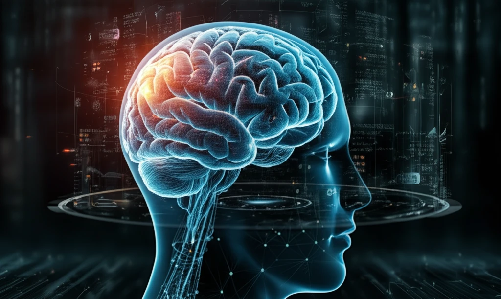 Futuristic AI brain projecting a holographic map of the United States, symbolizing election prediction.