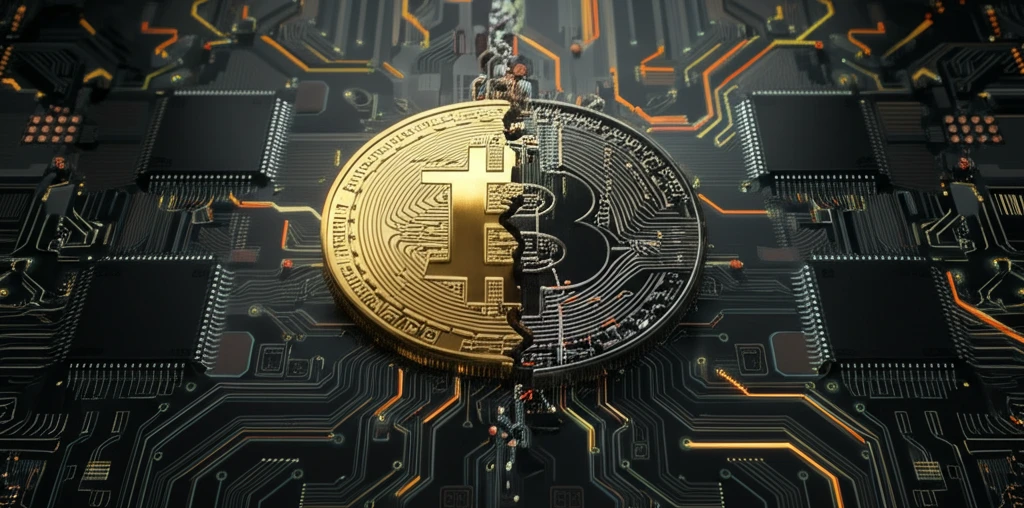 Bitcoin splitting showing gold and internet cables.