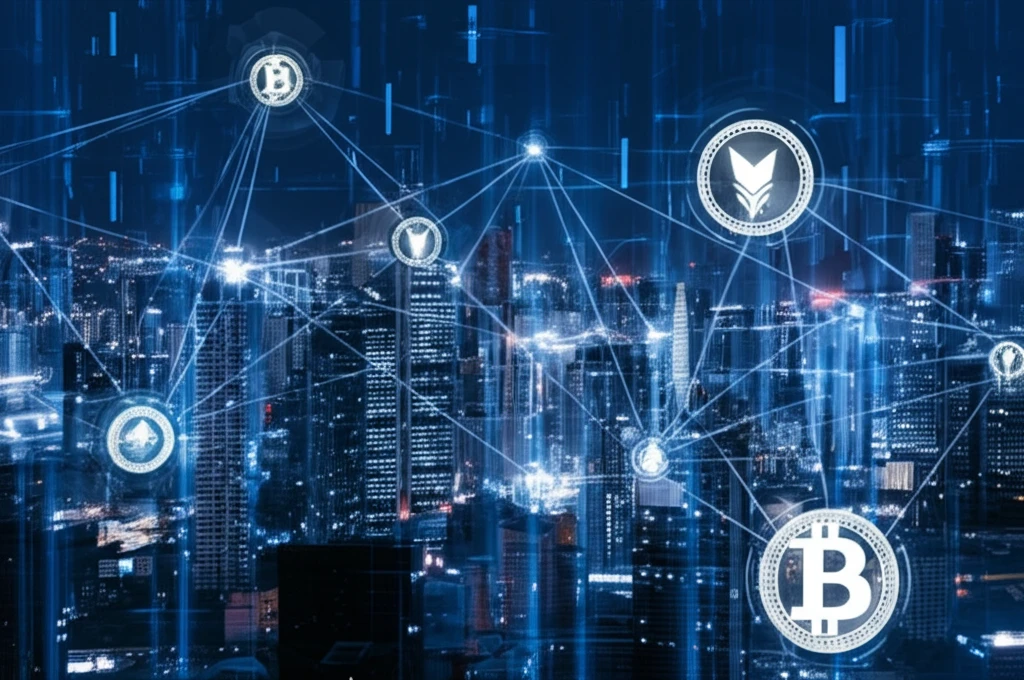 Futuristic cityscape with cryptocurrency symbols and interconnected network lines, representing advanced cryptocurrency analysis.