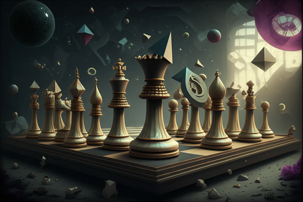 Geometric chess pieces symbolizing strategic decision-making.