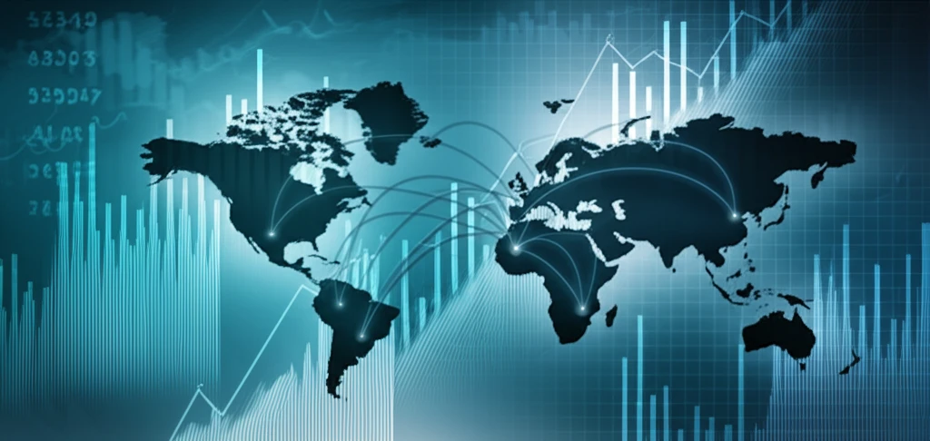 Stylized maps connected by trade lines symbolizing global commerce.