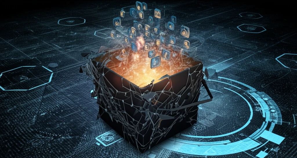 Shattered black box revealing glowing pathways, symbolizing AI transparency.
