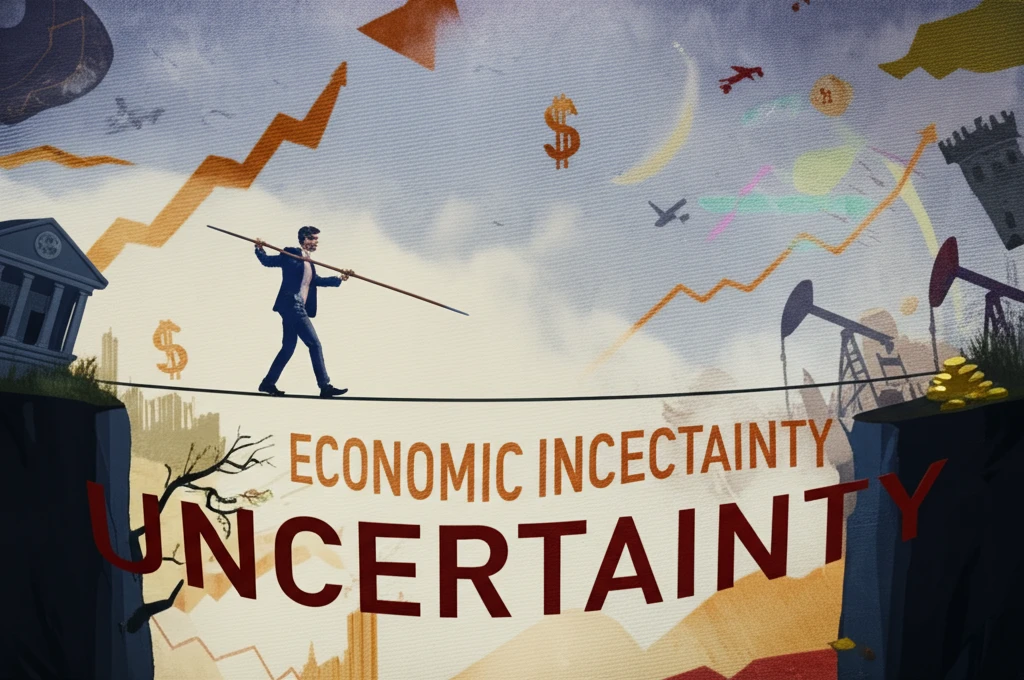 Person balancing portfolio on tightrope over 'Economic Uncertainty' chasm.