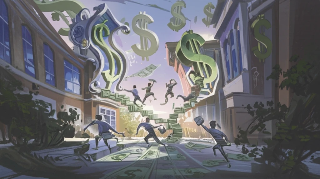 Surreal illustration of college tuition burden.