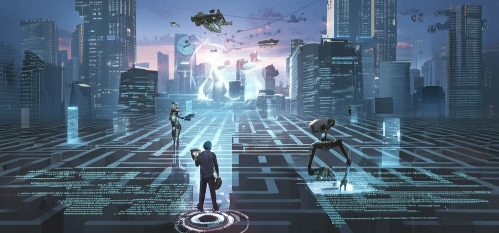 A worker navigates a computer code maze symbolizing the modern job market, assisted by AI robots.