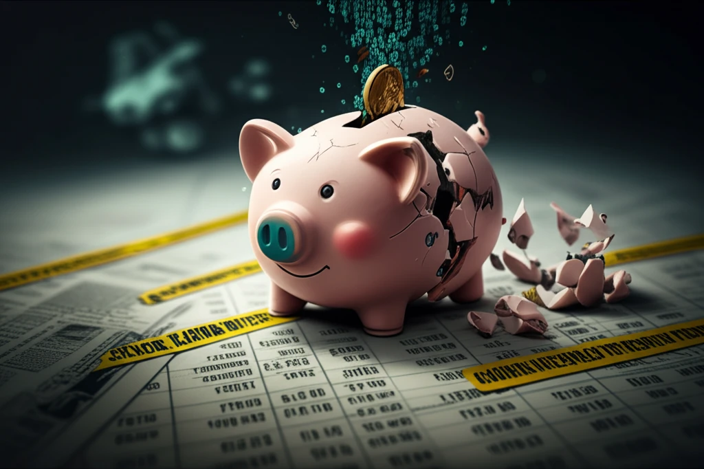 Digital illustration of a broken piggy bank with binary code spilling onto a traditional financial ledger.