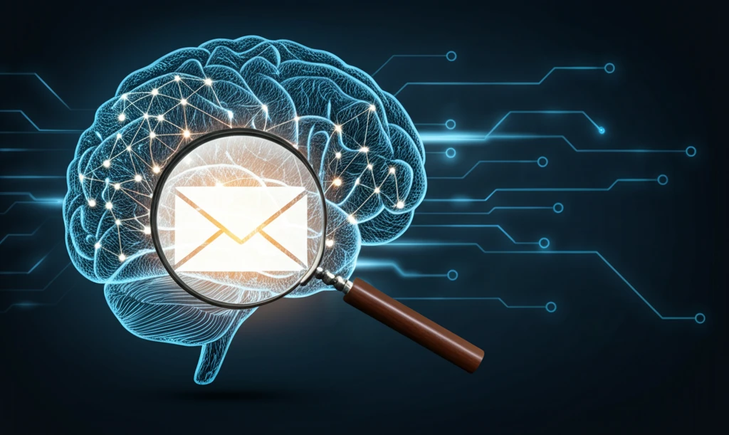 AI brain analyzing a phishing email with human analysis magnifying glass.