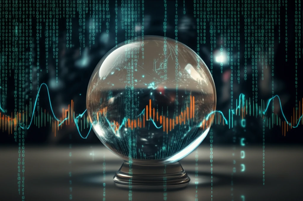 AI crystal ball forecasting energy market volatility.