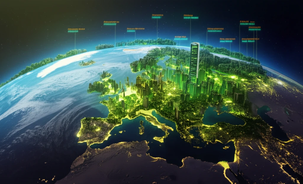 Interconnected green cityscapes across Europe, symbolizing corporate sustainability ratings.