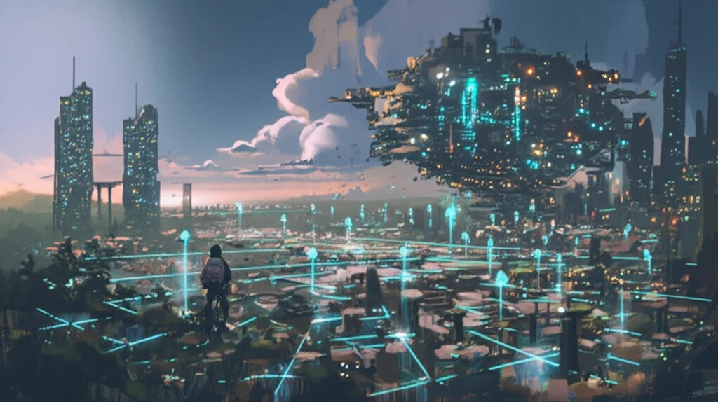 AI diffusion network connecting futuristic cities and rustic villages
