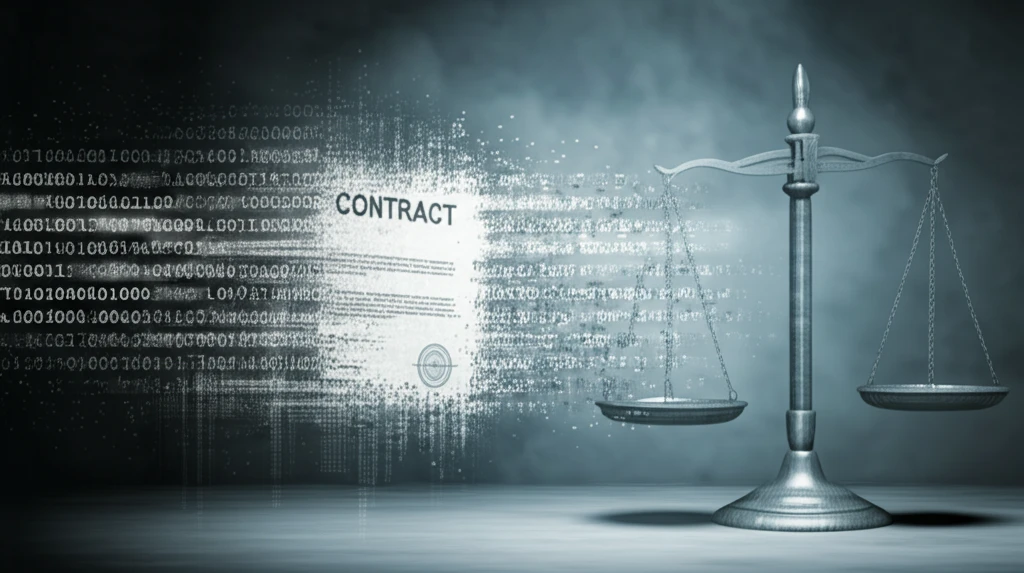 Surreal illustration of corrupted data impacting fairness in AI contracts.
