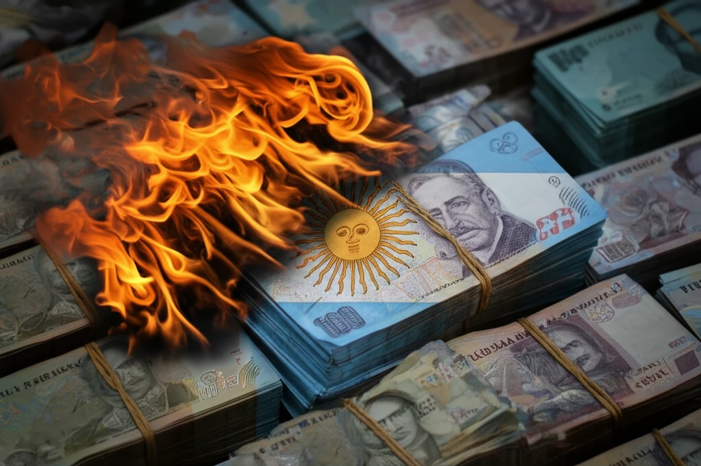 Argentina's inflation crisis depicted with a burning flag transforming into devalued currency.