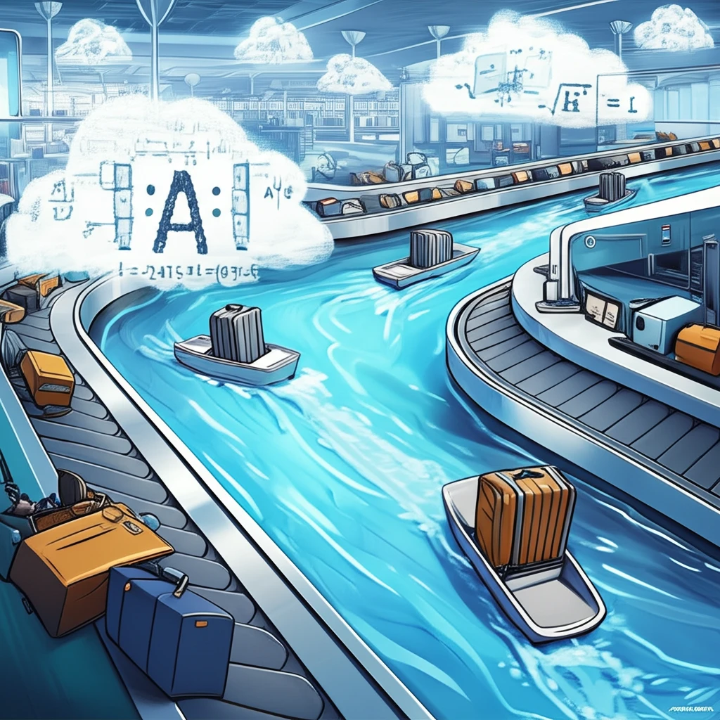 AI-powered baggage handling: Suitcases flow smoothly like boats on a river, symbolizing efficient airport operations.